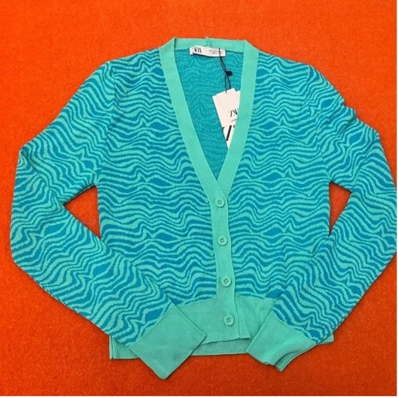 Zara blue turquoise jacquard V-neck knit cardigan NWT - Picture 3 of 7